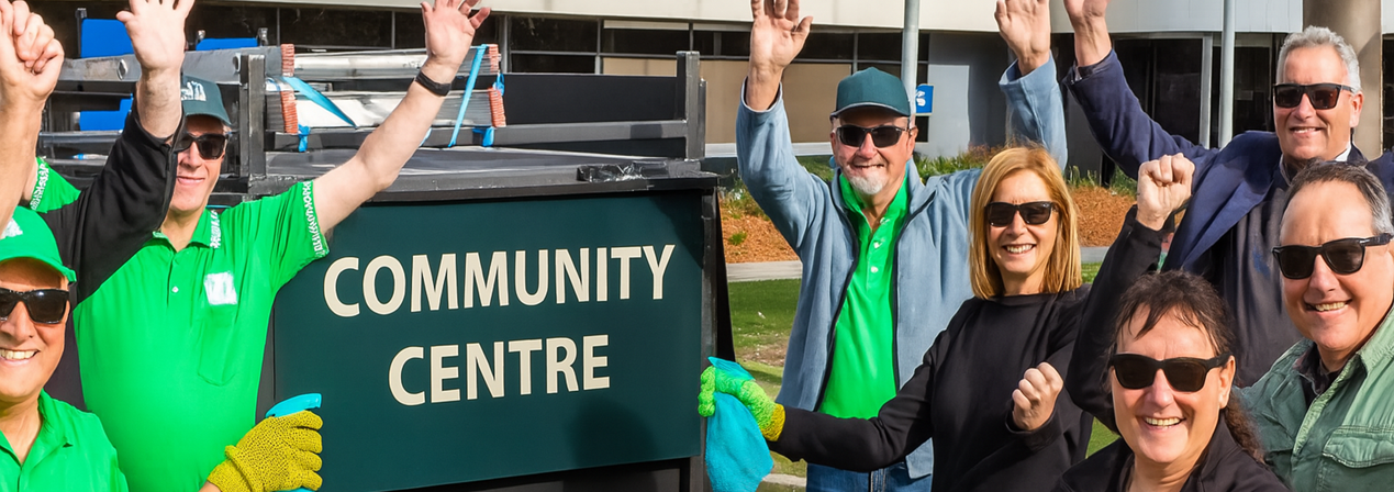 Group of community members smiling and raising arms to celebrate cleaning up their local area.